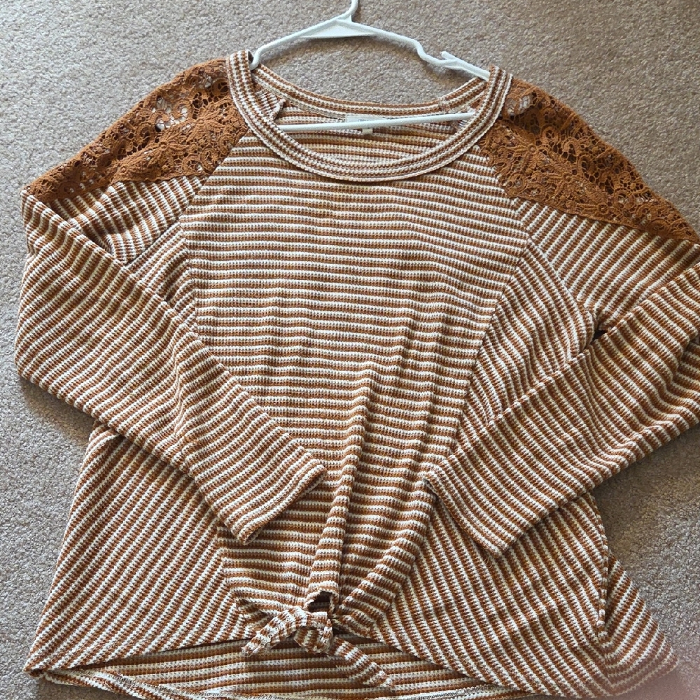 Maurices Tan and White Striped Lace Shoulder Top
